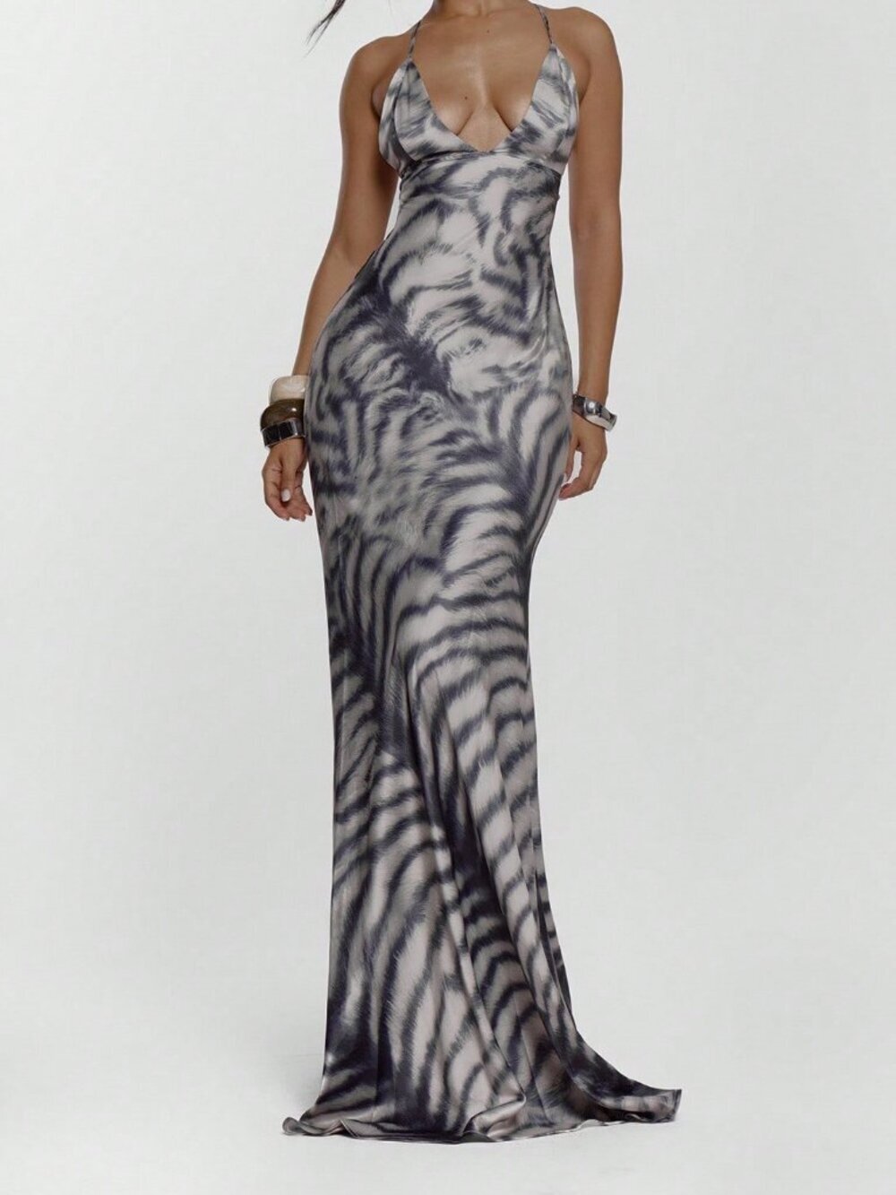Multicolor Sexy Women's Lace-Up Animal Print Maxi Dress